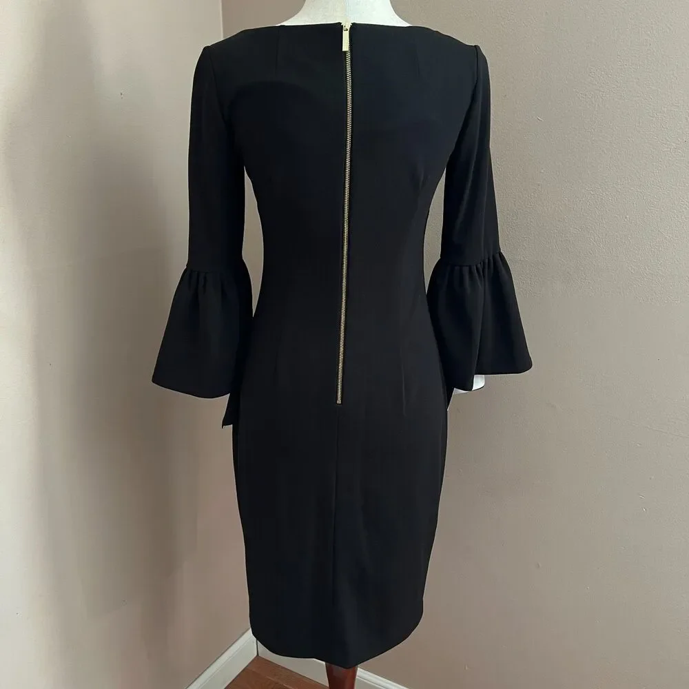 Calvin‎ Klein Black Bell Sleeve Sheath Dress Workwear Career Minimalist Size 2 - Picture 6 of 10